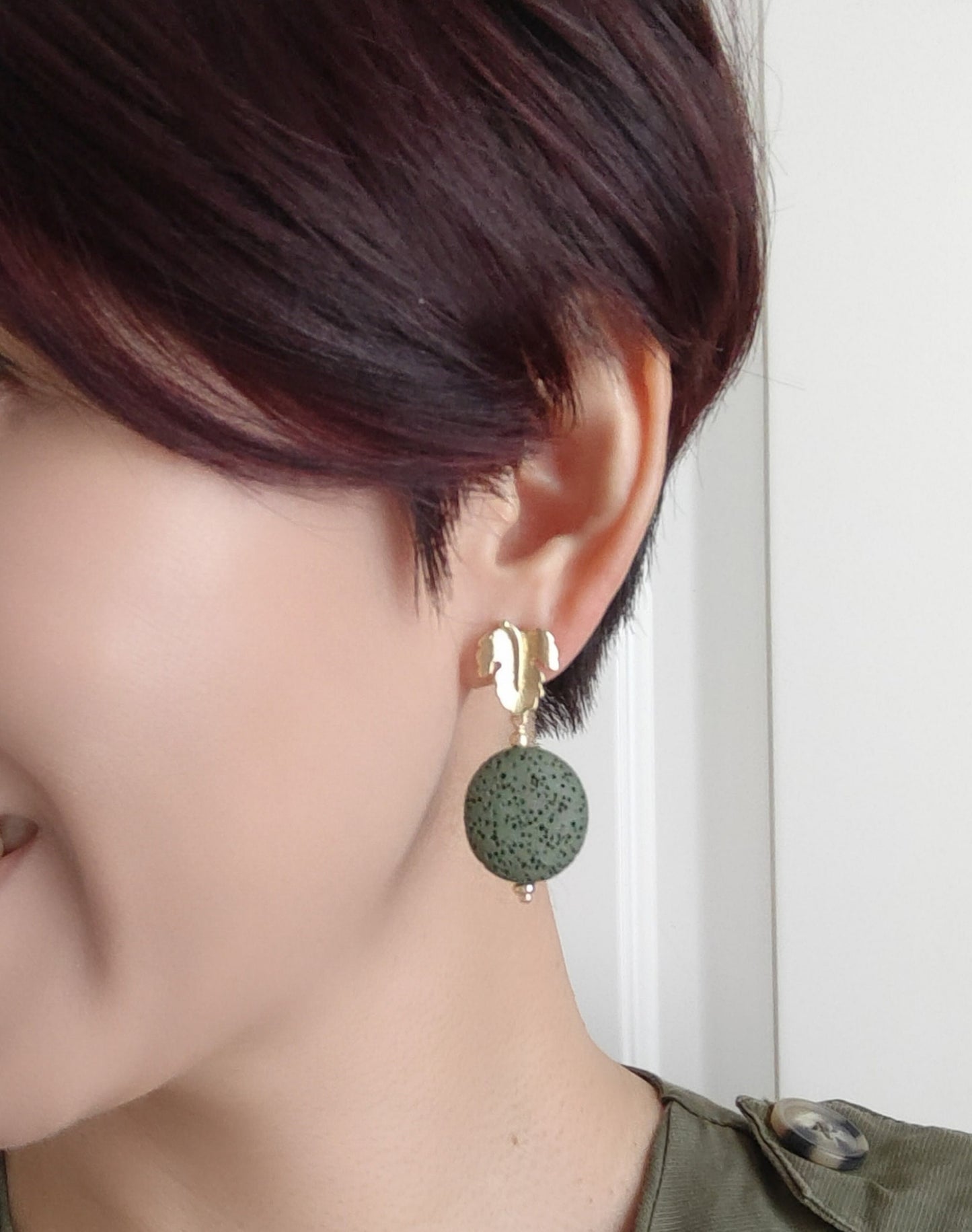 Forest Green Lava Stone 14K Gold Plated Stud Earrings (Sphere / Coin Shape)
