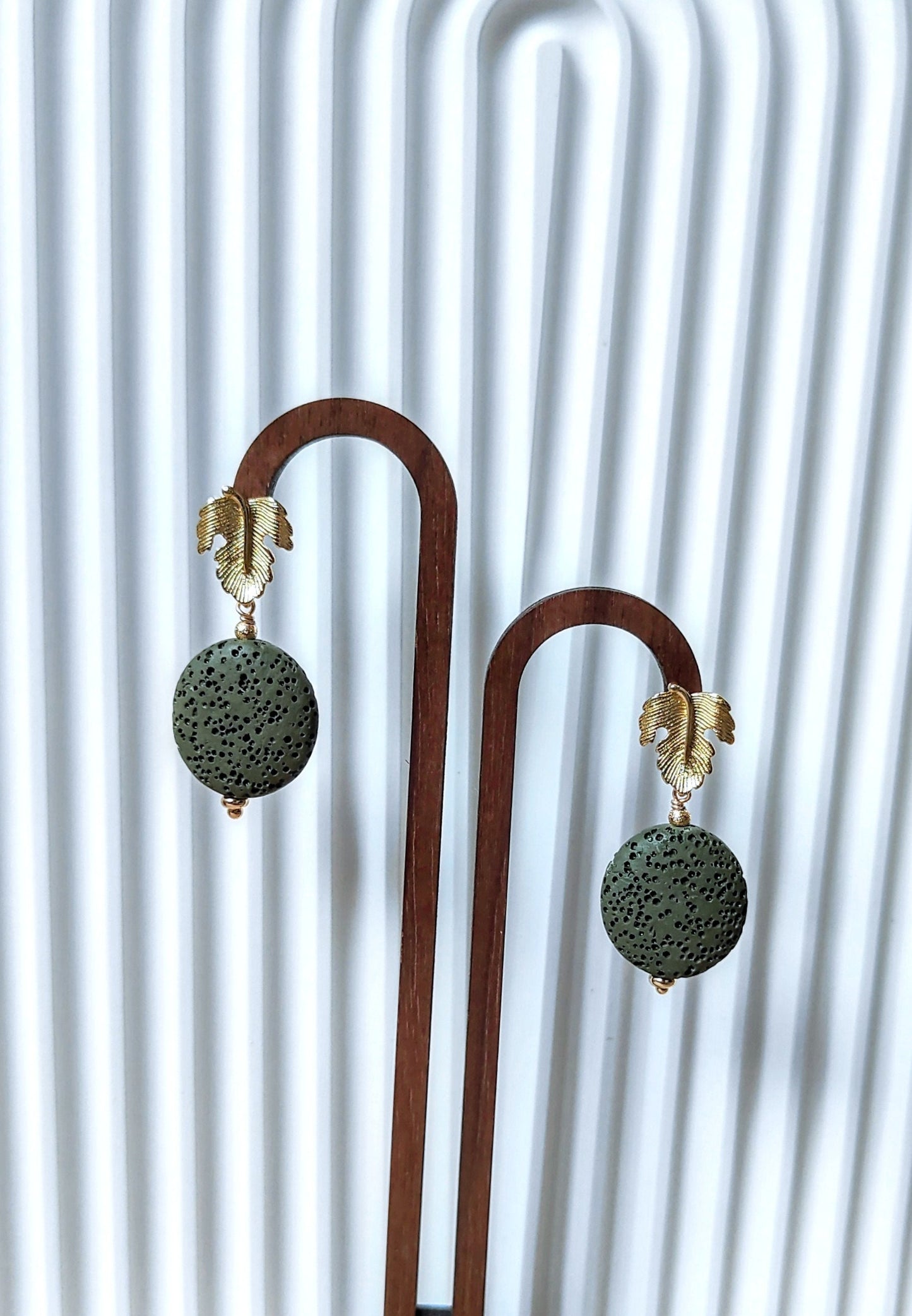 Forest Green Lava Stone 14K Gold Plated Stud Earrings (Sphere / Coin Shape)