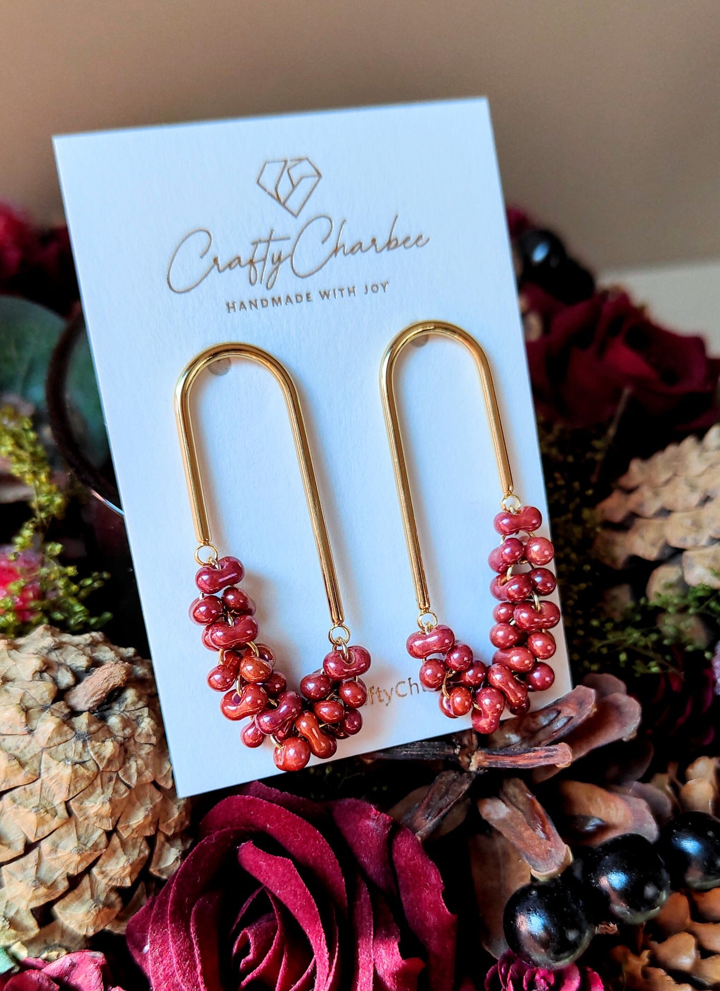 Beaded U Shaped 14K Gold Plated Earrings, Metallic Red Jolly Beads