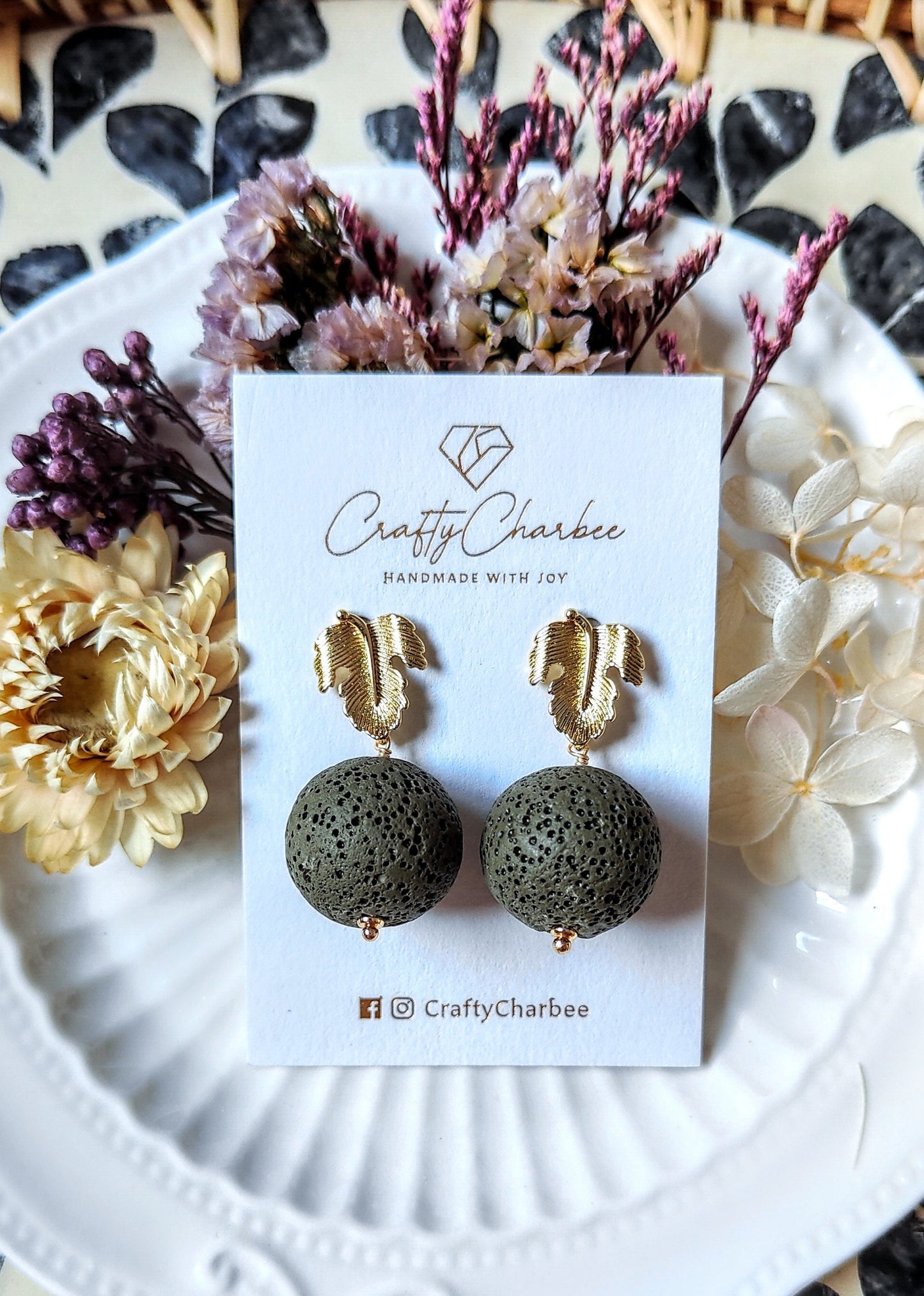 Forest Green Lava Stone 14K Gold Plated Stud Earrings (Sphere / Coin Shape)
