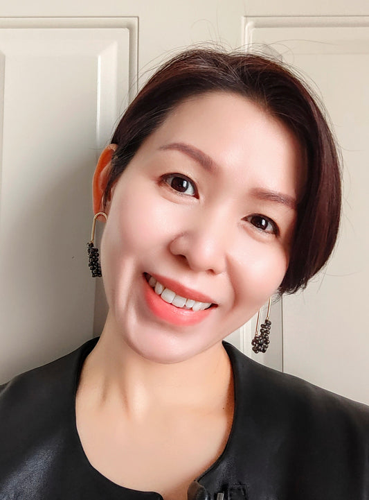 Beaded U Shaped 14K Gold Plated Earrings, Metallic Black Jolly Beads