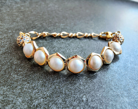 Freshwater Pearl Hexagon Loop 14K Gold Plated Bracelet. June's Birthstone