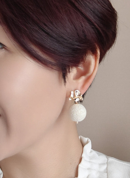 Pearl White Lava Stone 14K Gold Plated Stud Earrings (Sphere / Coin Shape)