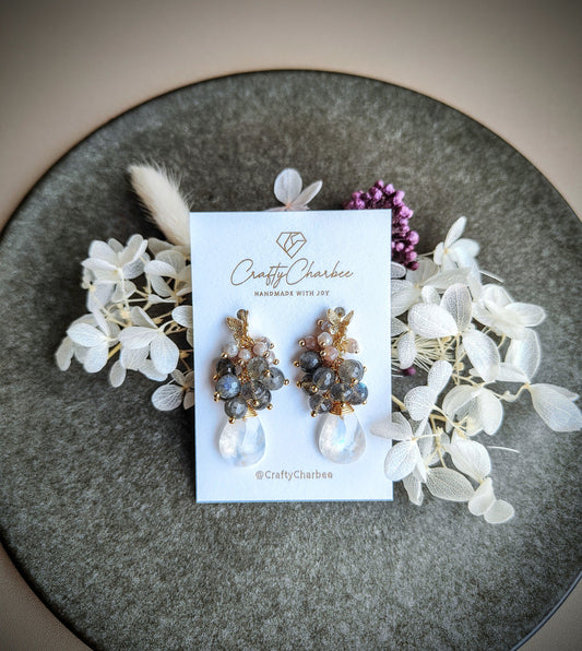 Tea Party Natural Rainbow Moonstone 14K Gold Plated Butterfly Earrings