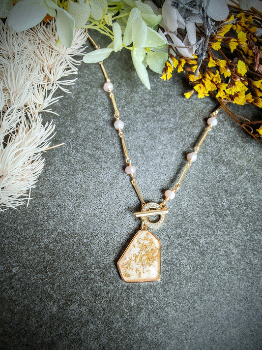 Beige Beaded Hobo Pendant Toggle Front Clasp 41K Gold Plated Necklace