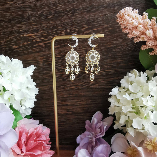 Cat Eye Stone Dream Catcher with Moon Rhinestone S925 Stud Earrings