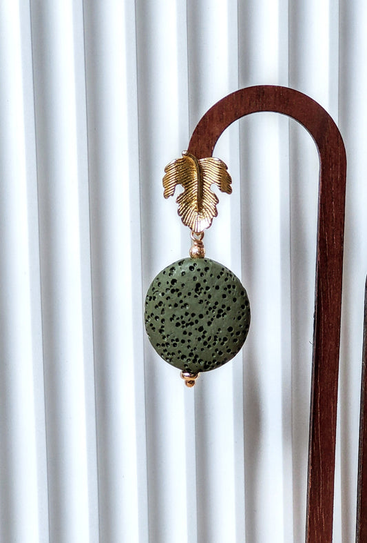 Forest Green Lava Stone 14K Gold Plated Stud Earrings (Sphere / Coin Shape)