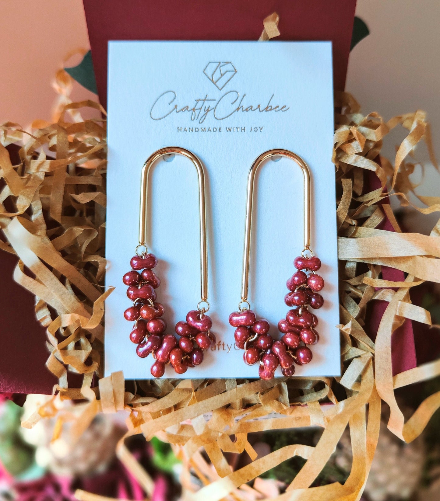 Beaded U Shaped 14K Gold Plated Earrings, Metallic Red Jolly Beads