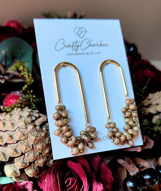 Beaded U Shaped 14K Gold Plated Earrings, Beige Jolly Beads