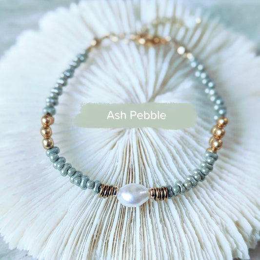 Ash Pebble Bead and Baroque Pearl Bracelet, Pebble & Pearl