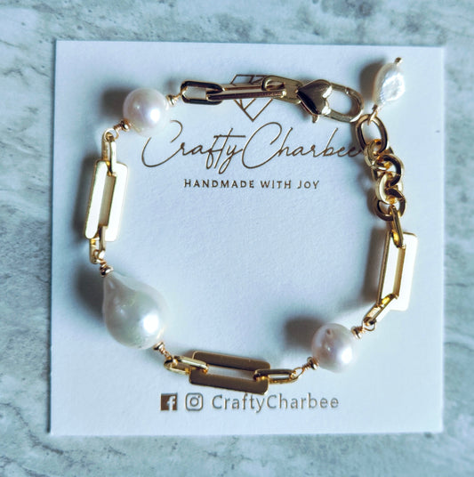 Freshwater Baroque Pearl 14K Gold Plated Bracelet, Natural Pearl