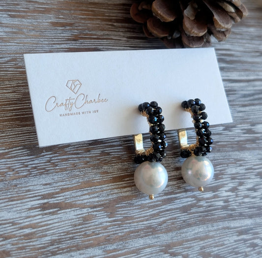 Black Spinel Edison Pearl 14K Gold-Plated Statement Earrings, The Sparkling Halo Collection
