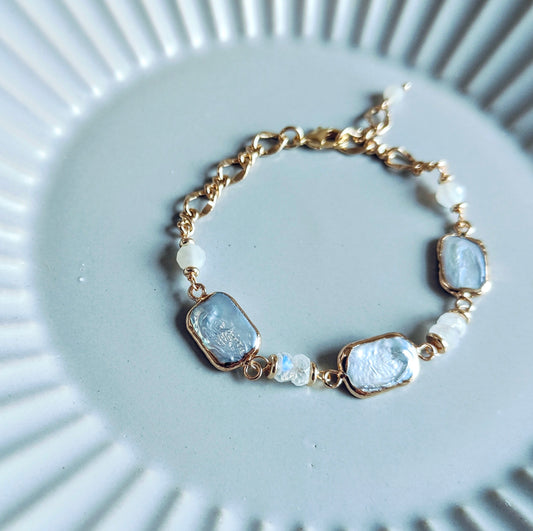 Freshwater Square Flat Coin Pearl 14K Gold Plated Bracelet, Natural Pearl