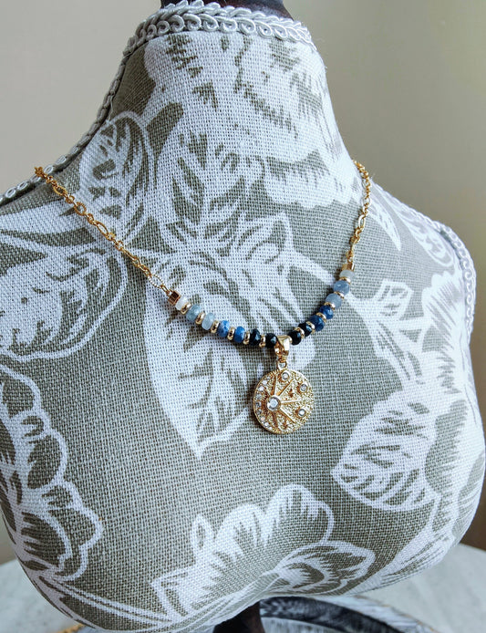 Blue Sapphire 14K Gold Plated Celestial Sun Pendant Necklace