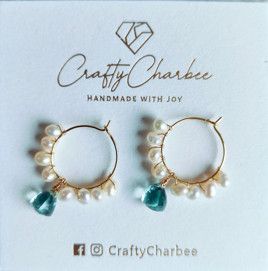 Aquamarine Quartz Drop 14K Gold-plated Loop with Freshwater Pearls Earrings