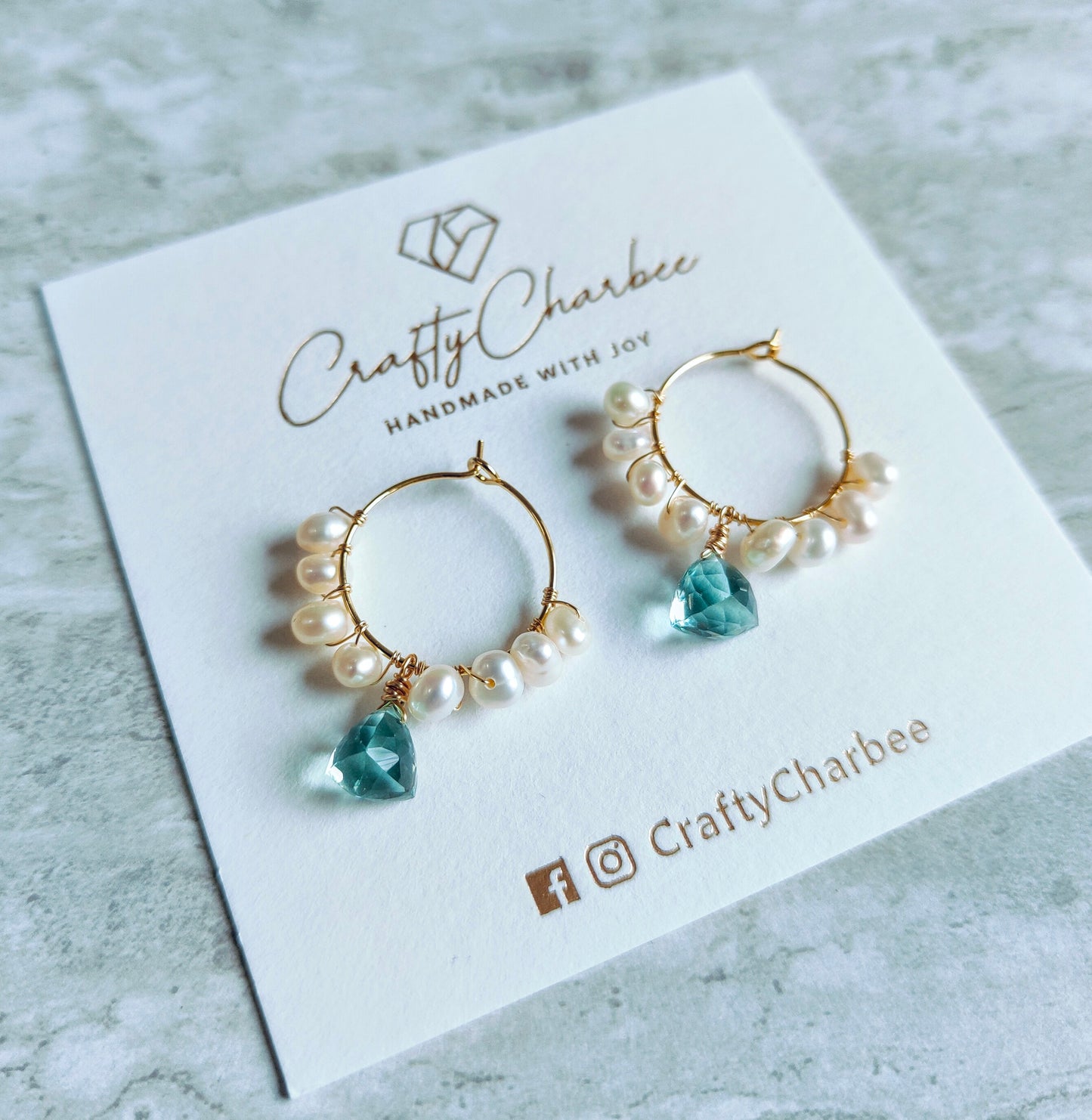 Aquamarine Quartz Drop 14K Gold-plated Loop with Freshwater Pearls Earrings