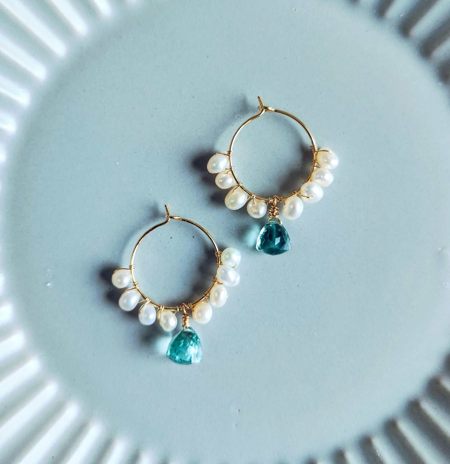 Aquamarine Quartz Drop 14K Gold-plated Loop with Freshwater Pearls Earrings
