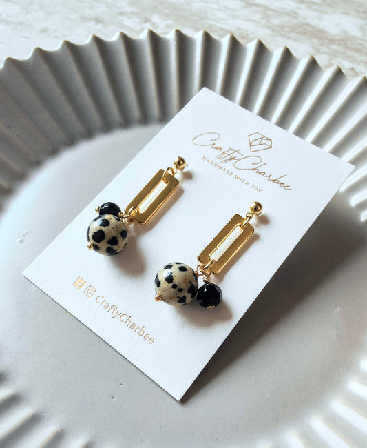 Natural Dalmatian Black Onyx 14K Gold Plated Earrings