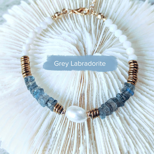 Natural Grey Labradorite and Baroque Pearl Bracelet, Pebble & Pearl