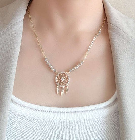 Mystic Labradorite Stone & Rhinestone Dream Catcher 14K Gold Plated Pendant Necklace
