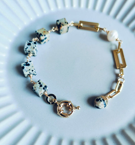 Natural Dalmatian Jasper & Freshwater Pearl 14K Gold Plated Bracelet, Cookie & Cream Collection