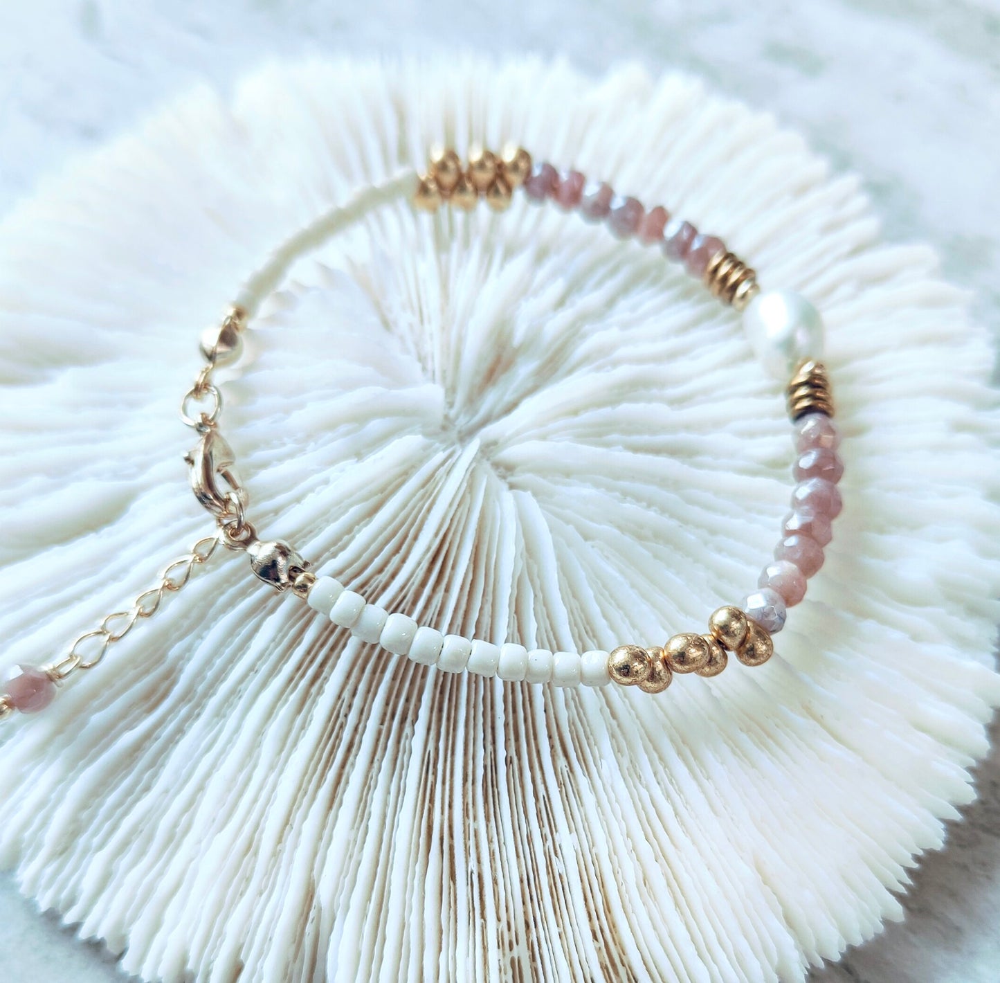 Natural Peachy Moonstone and Baroque Pearl Bracelet, Pebble & Pearl Collection