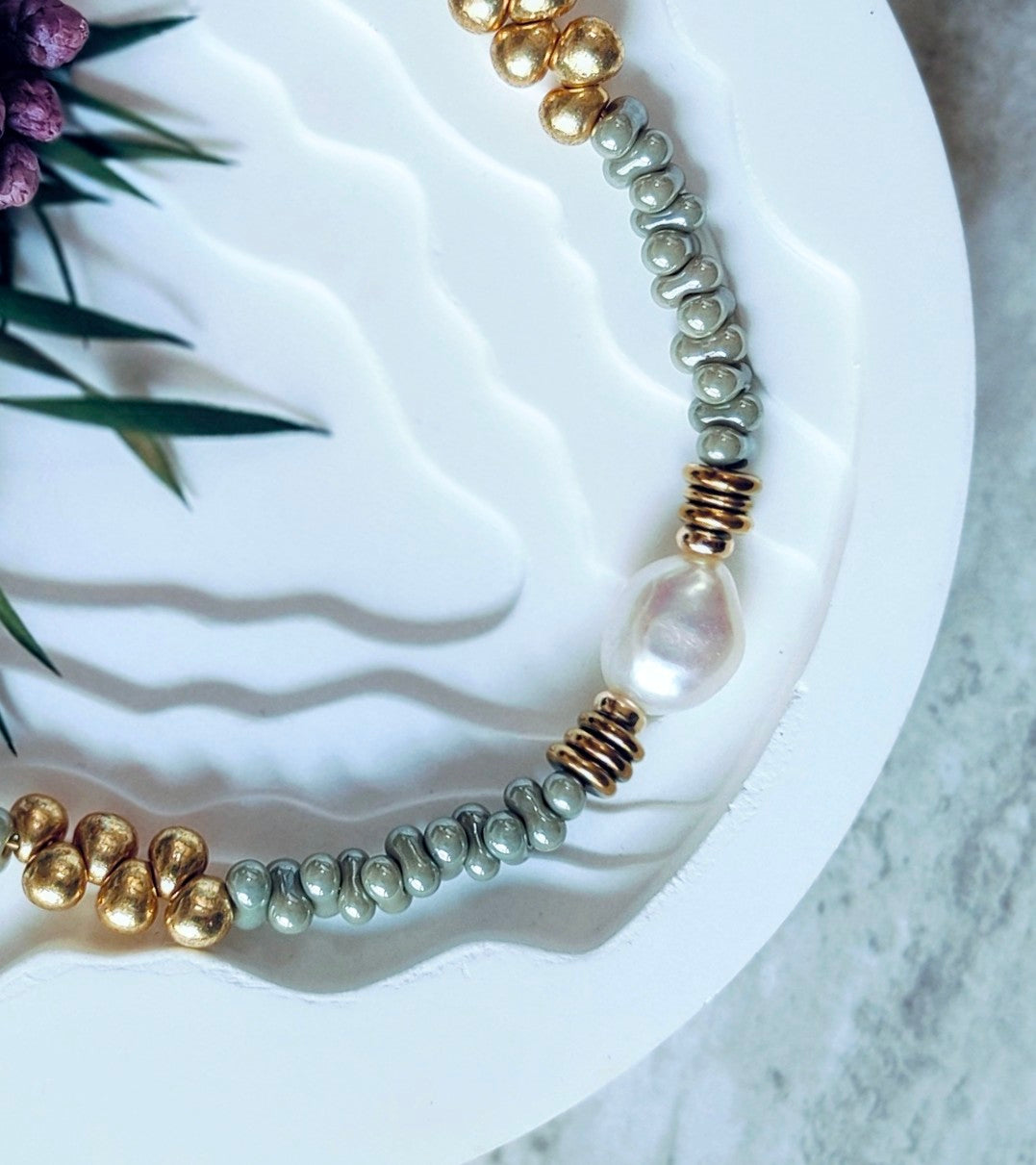 Ash Pebble Bead and Baroque Pearl Bracelet, Pebble & Pearl