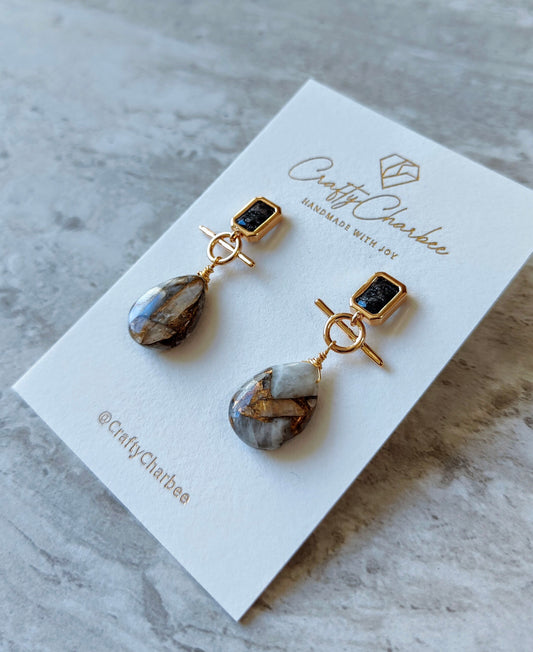 Natural Copper Calcite Stone 14K Gold-Plated Earrings (Black or Clear Glass Stud)