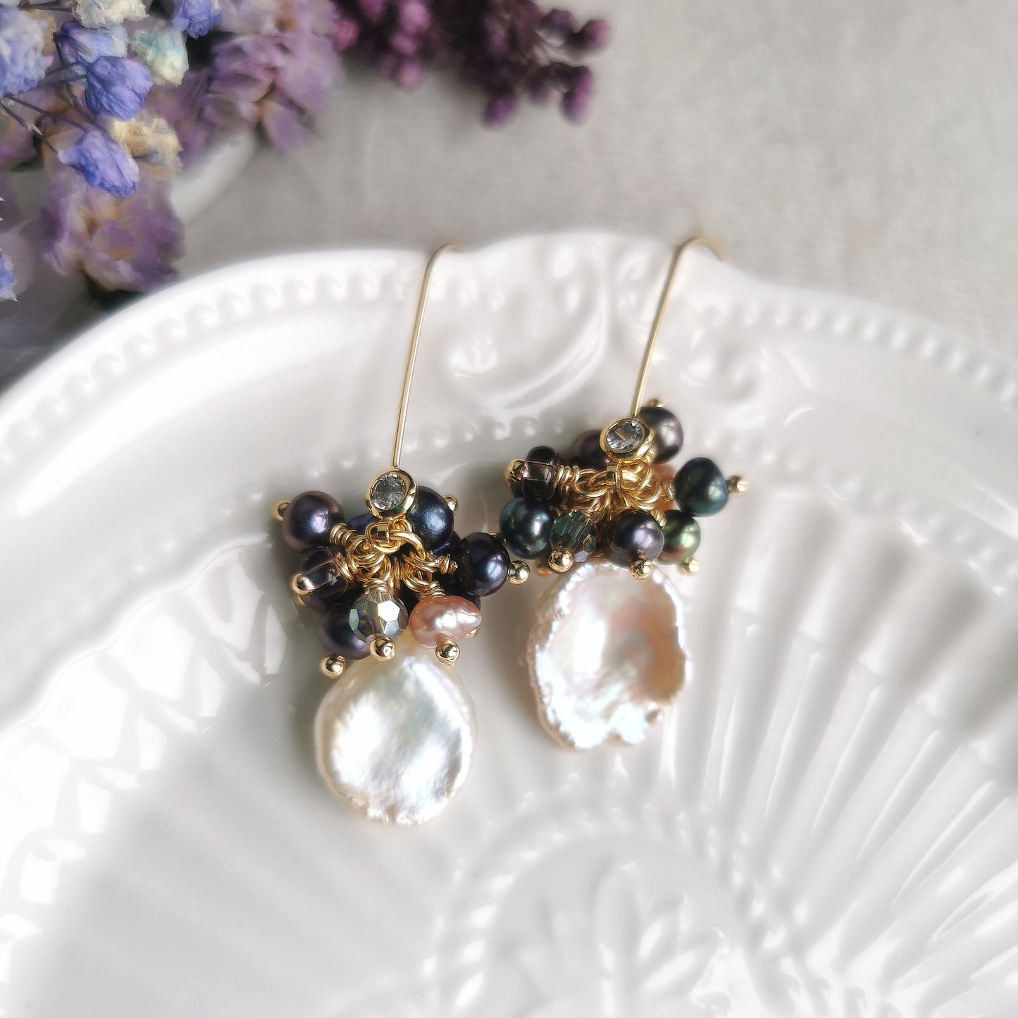 Natural Baroque Petal Pearl and Black Freshwater Pearls Dangle Drop Earrings