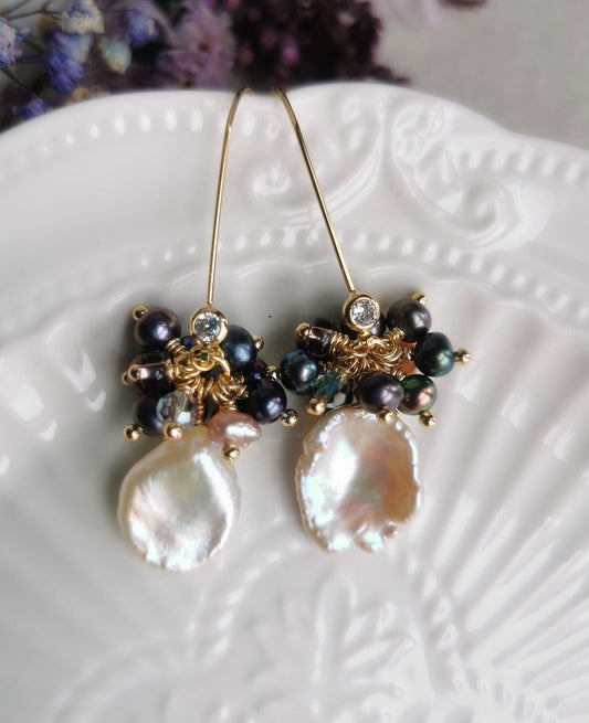 Natural Baroque Petal Pearl and Black Freshwater Pearls Dangle Drop Earrings