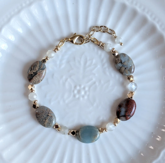 Natural Pagodite Stone White Moonstone 14K Gold Plated Beads Bracelet