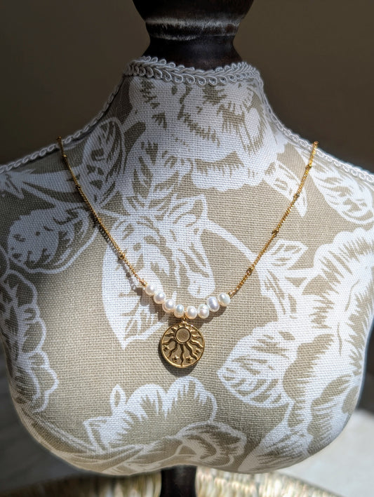 14K Gold Plated Necklace with Freshwater Pearls and Gold Coin Pendant