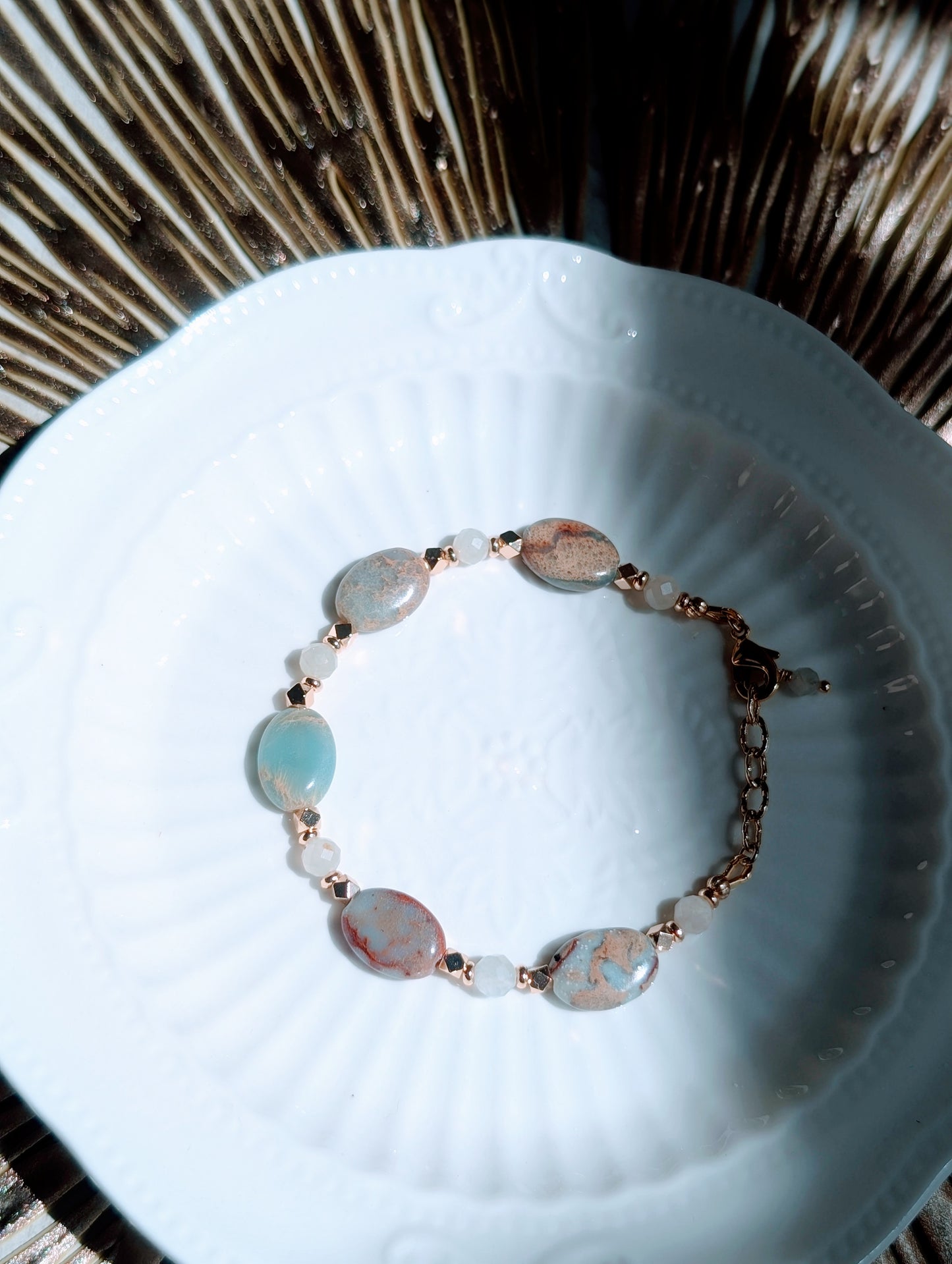 Natural Pagodite Stone White Moonstone 14K Gold Plated Beads Bracelet