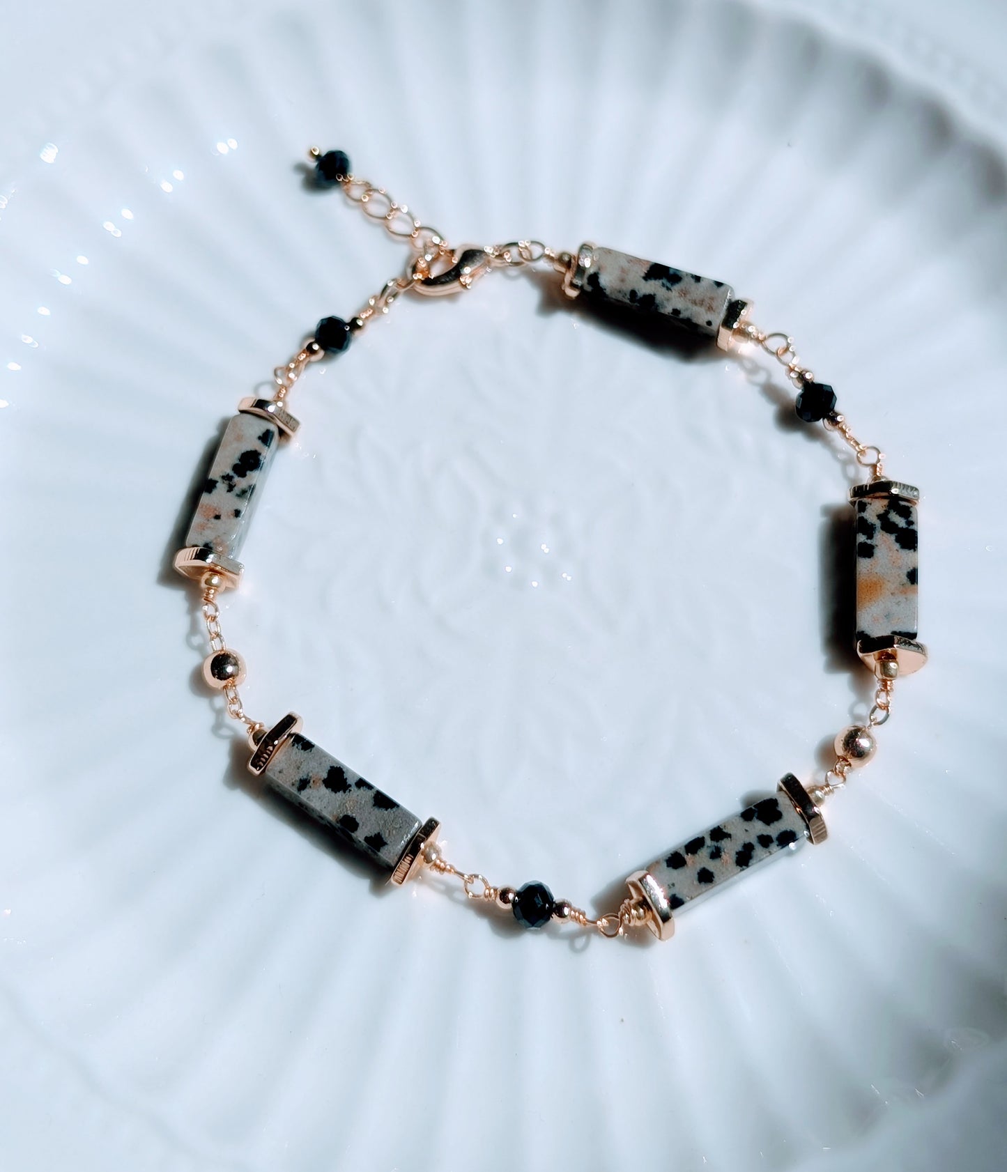 Natural Dalmatian Jasper 14K Gold Plated Bracelet, Cookie & Cream Collection