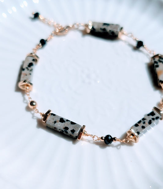 Natural Dalmatian Jasper 14K Gold Plated Bracelet, Cookie & Cream Collection