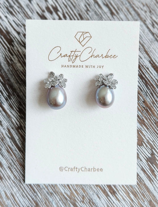 Sliver 925 Rhinestone Daisy Sliver Grey Aubergine Pearl Earrings, S925 Collection