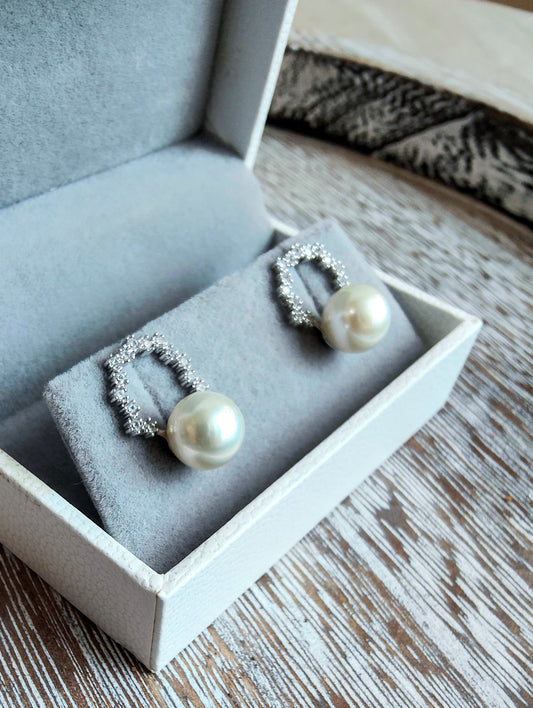 Sliver 925 White Edison Pearl Halo Rhinestone Earrings, S925 Collection