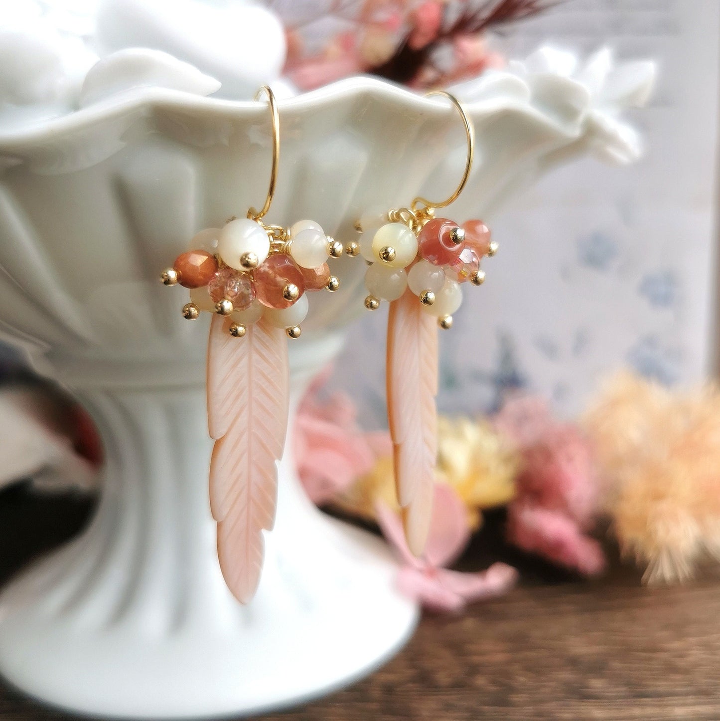 Naturally Crafted Pink Feather Mother of Pearl 14kgf Earrings