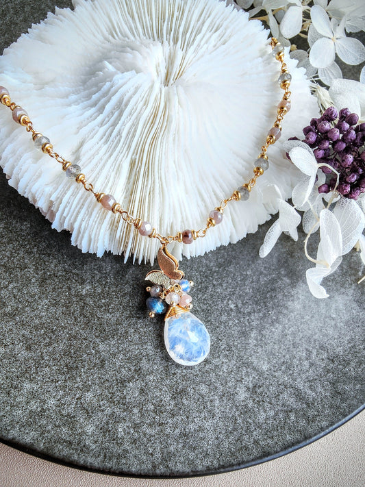 Tea Party Natural Rainbow Moonstone Pendant 14K Gold Plated Butterfly Necklace