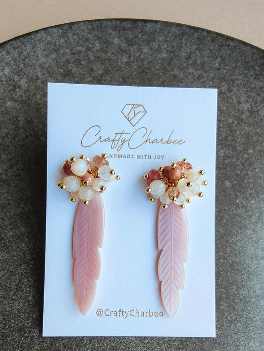 Naturally Crafted Pink Feather Mother of Pearl 14kgf Earrings