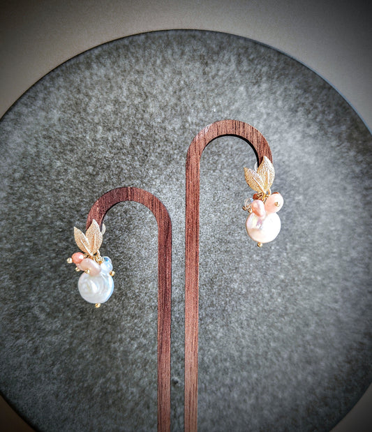 Natural Baroque Flat Coin Pearl Sunstone Moonstone 14K Gold Plated Leaf Earring