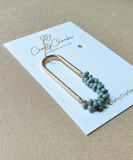 Beaded U Shaped 14K Gold Plated Earrings, Mint Green Jolly Beads