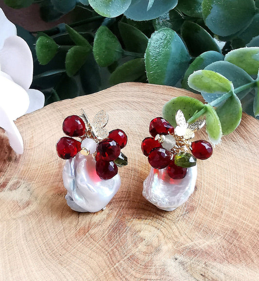 Natural Red Garnet & Baroque Pearl 14K Gold Plated Butterfly Earrings