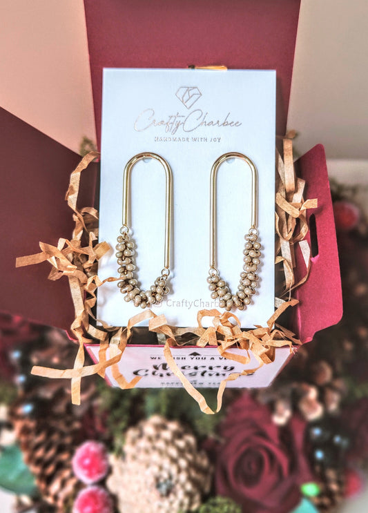 Beaded U Shaped 14K Gold Plated Earrings, Mini Beige Jolly Beads