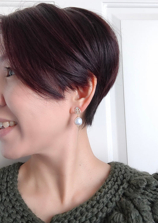 Rhinestone Leaf Natural Freshwater Pearl 14K Gold-Plated Stud Earrings