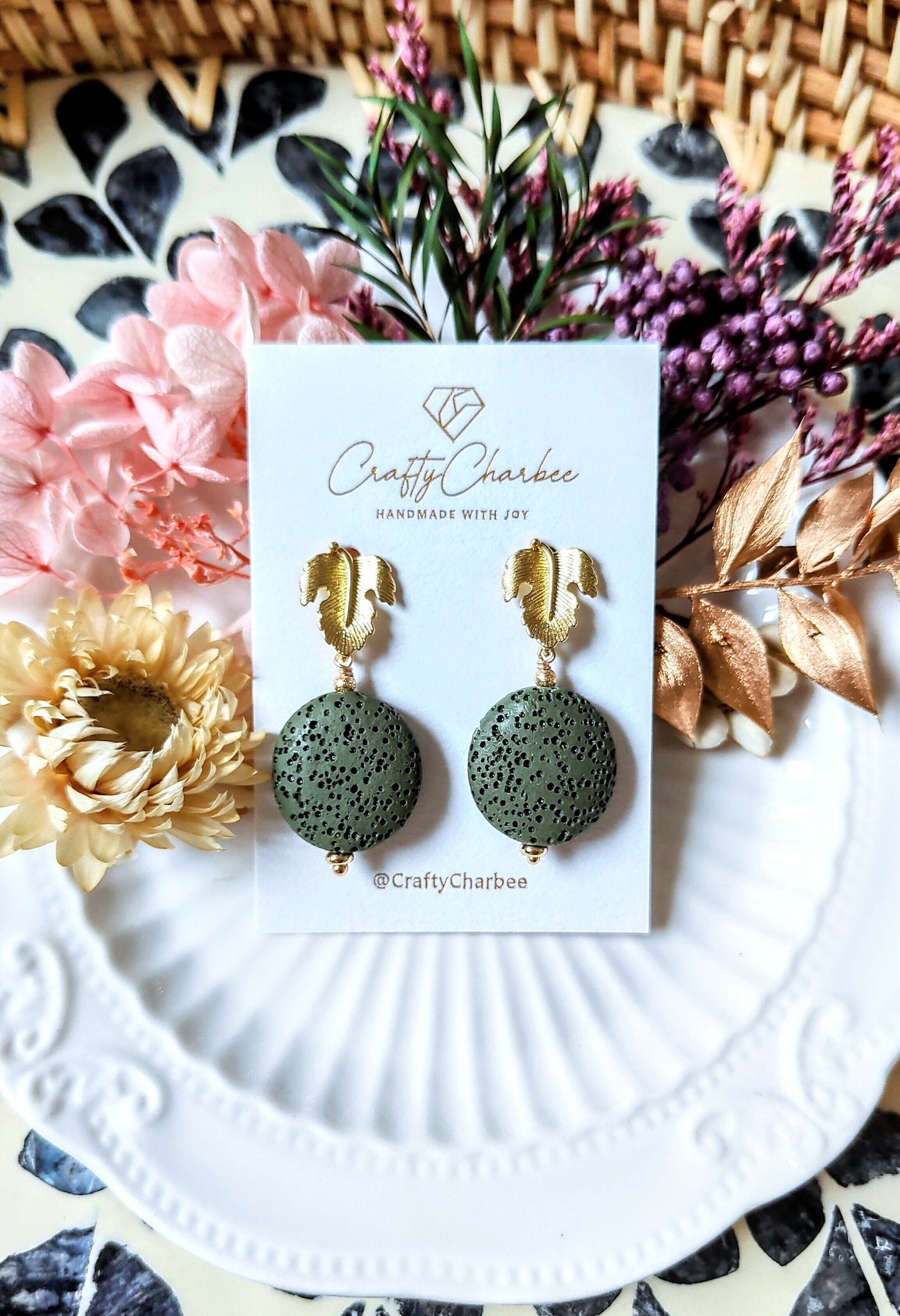 Forest Green Lava Stone 14K Gold Plated Stud Earrings (Sphere / Coin Shape)