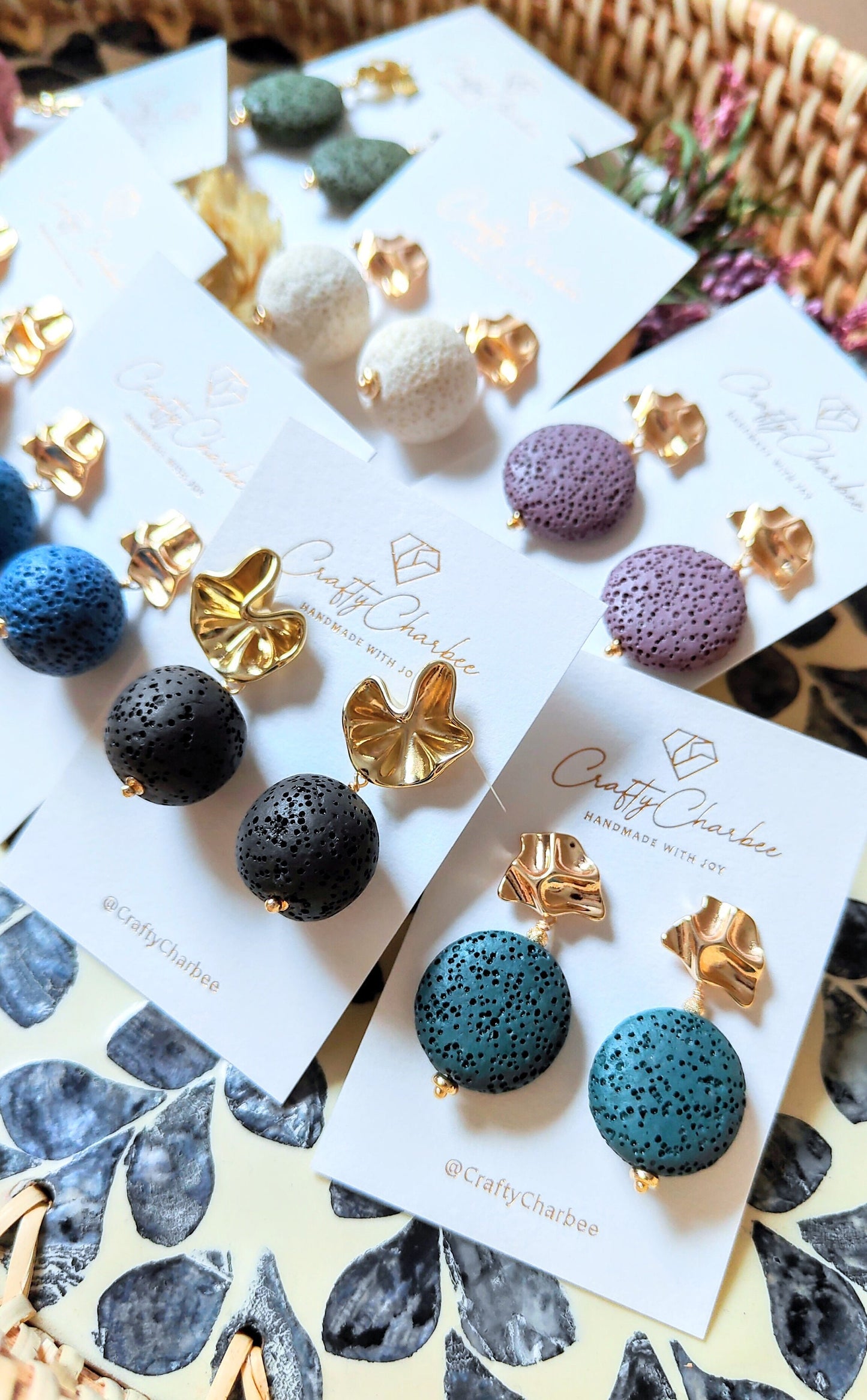 Forest Green Lava Stone 14K Gold Plated Stud Earrings (Sphere / Coin Shape)