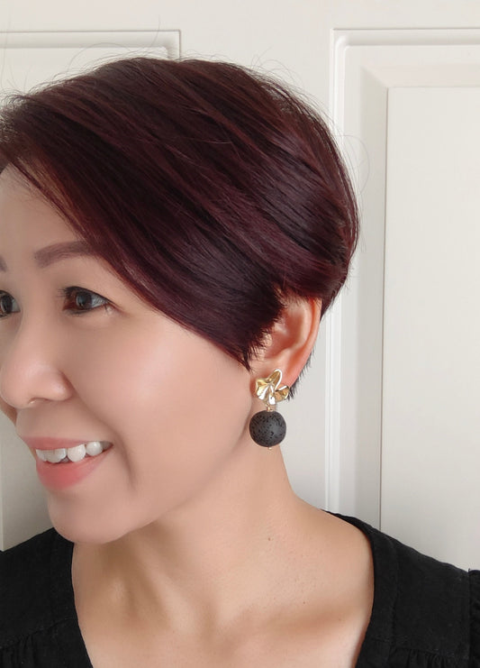 Carbon Black Lava Stone 14K Gold Plated Stud Earrings (Sphere / Coin Shape)