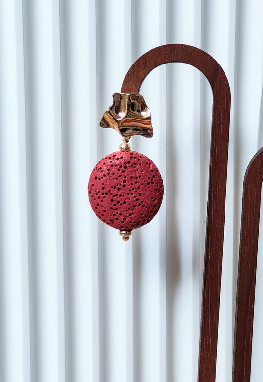 Red Bean Rosy Pink Lava Stone 14K Gold Plated Stud Earrings (Coin Shape)