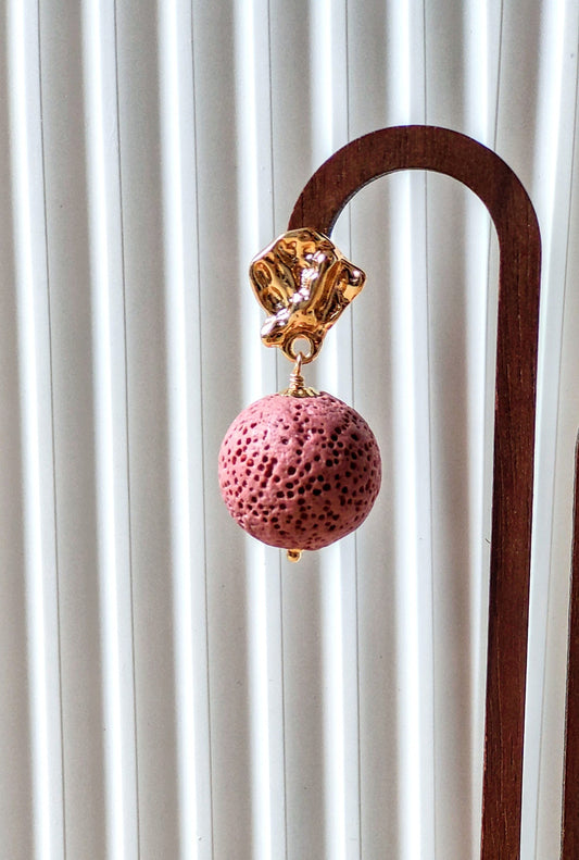 Bubble Gum Pink Lava Stone 14K Gold Plated Stud Earrings (Sphere Shape)